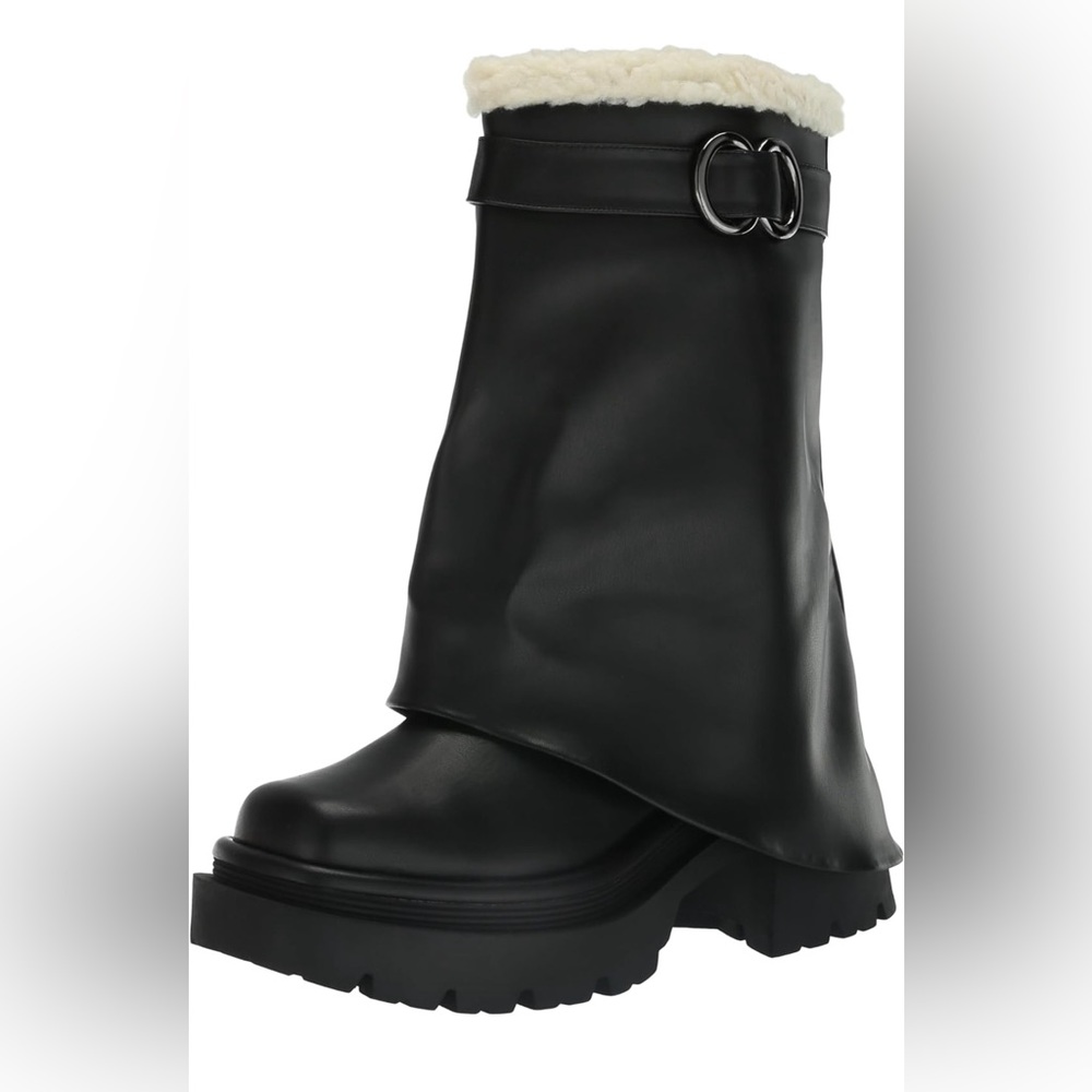Circus by Sam Edelman Black Leather Platform Heeled Boots with Cream Sherpa Trim